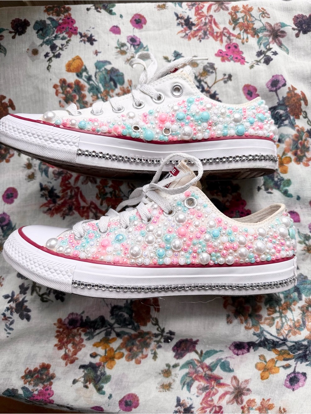Maximalist Pearl Converse Women’s 8 Pastel Beaded Rhinestone Coquette Sneakers